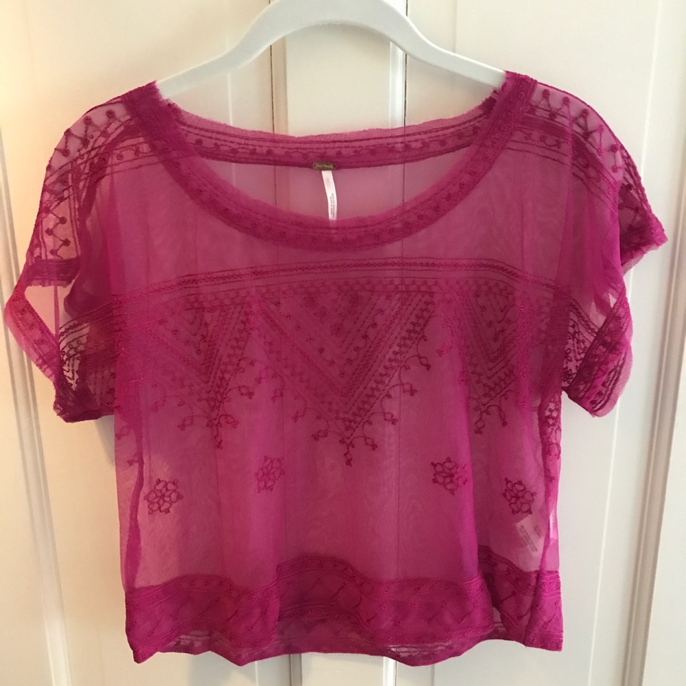 Free People Mesh Embroidered Shirt Small Fuchsia